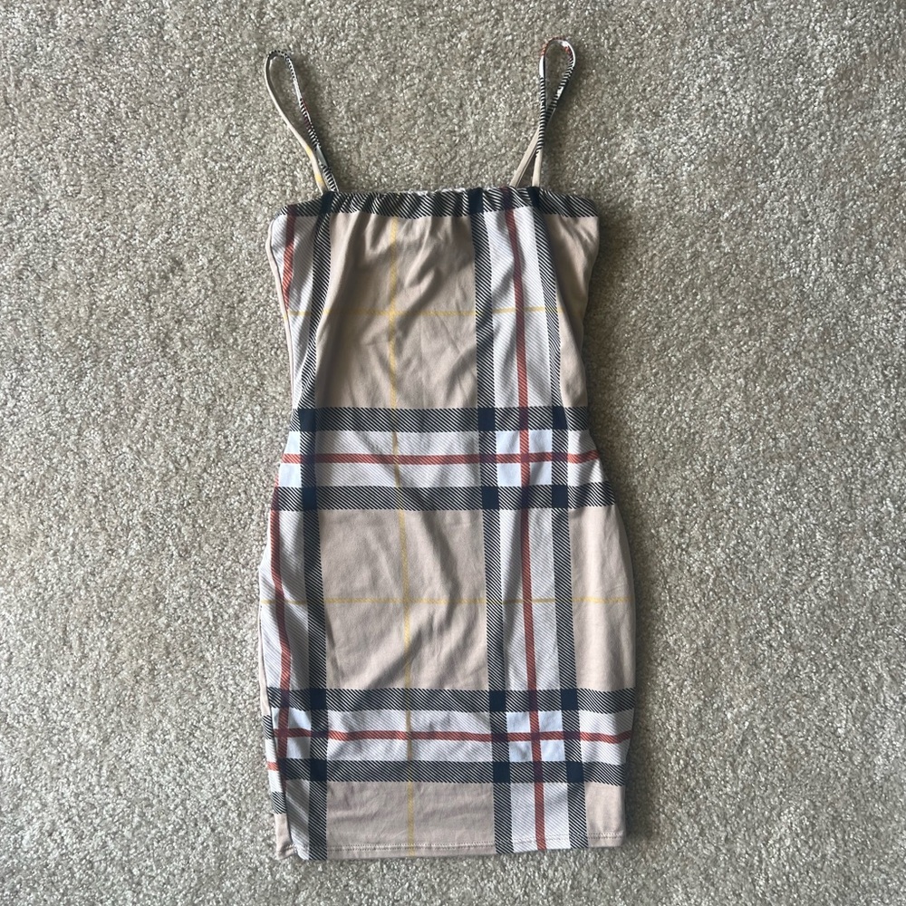 Tan and Brown Sleeveless Spaghetti Strap Mini Dress